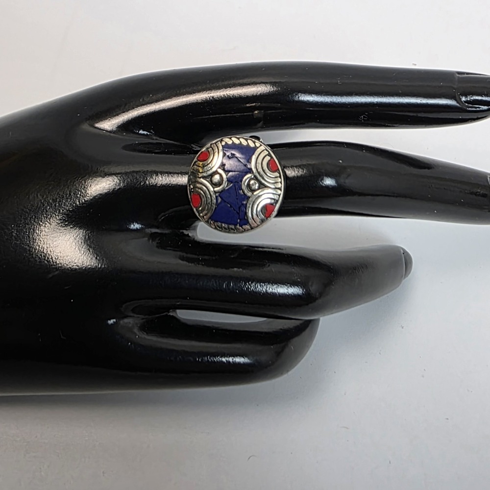 Lapis‎ Red Coral Tibetan Handmade Gemstone Ring Size 8 Boho Southwestern New